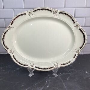 Vtg Taylor Smith Taylor 11.5" Oval Ivory Cream Platter Scalloped Edge Gold Leaf